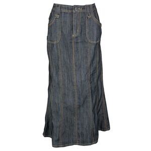 Baccini Flared Denim Maxi Skirt Sz 10 Vintage Blue Seams Western Boho Y2K Gypsy